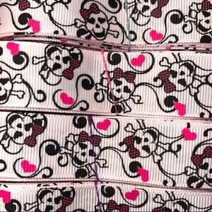 grosgrain Ribbon 7/8” NEW 5 yards beauty skulls checkers hot pink bow scrolls